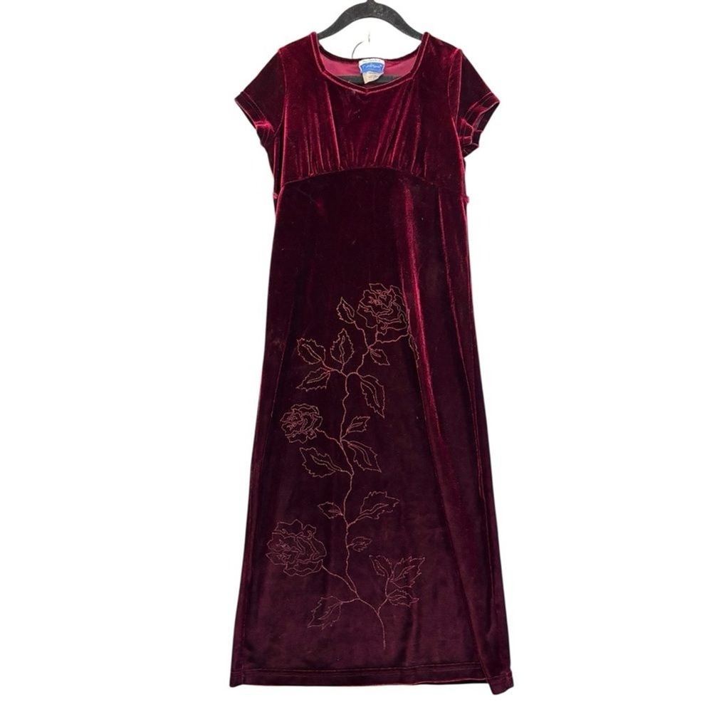 Vintage Brooke Lindsay Velvet Dress Kids 8‎ Burgundy Rose Embroidered Maxi Y2K